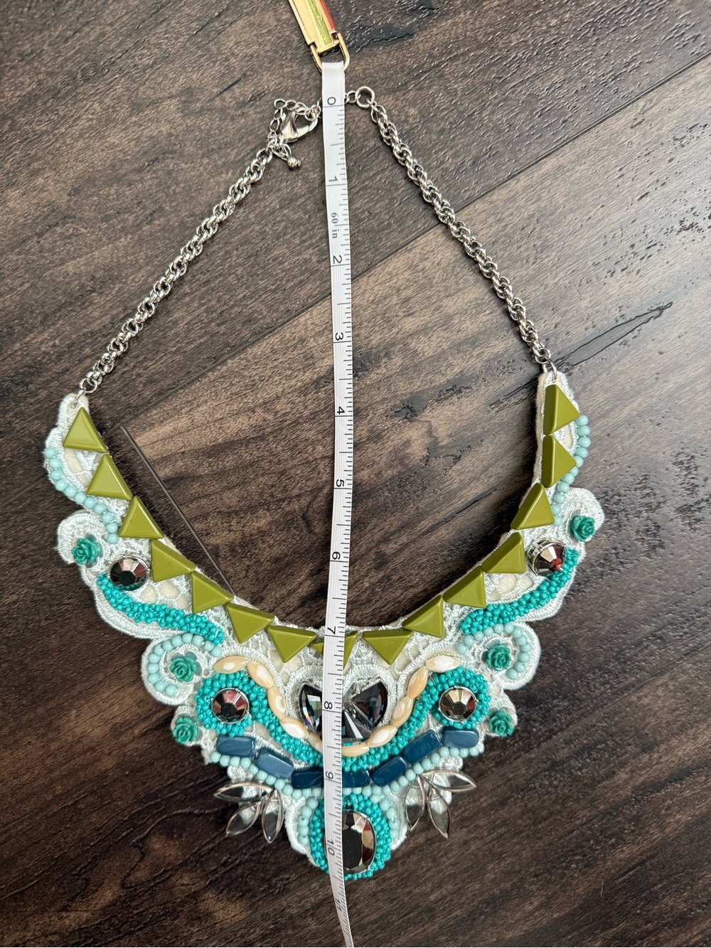 Statement Bib Necklace Beaded Rhinestone Lace Collar Turquoise Boho Festival Y2K - Picture 4 of 6